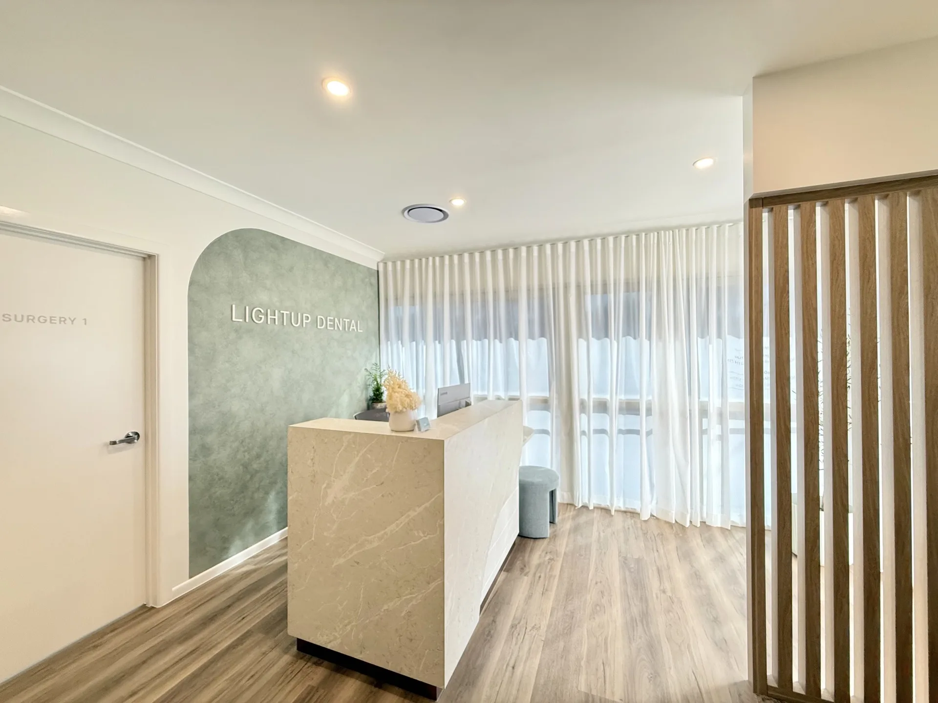 Reception desk, angled view